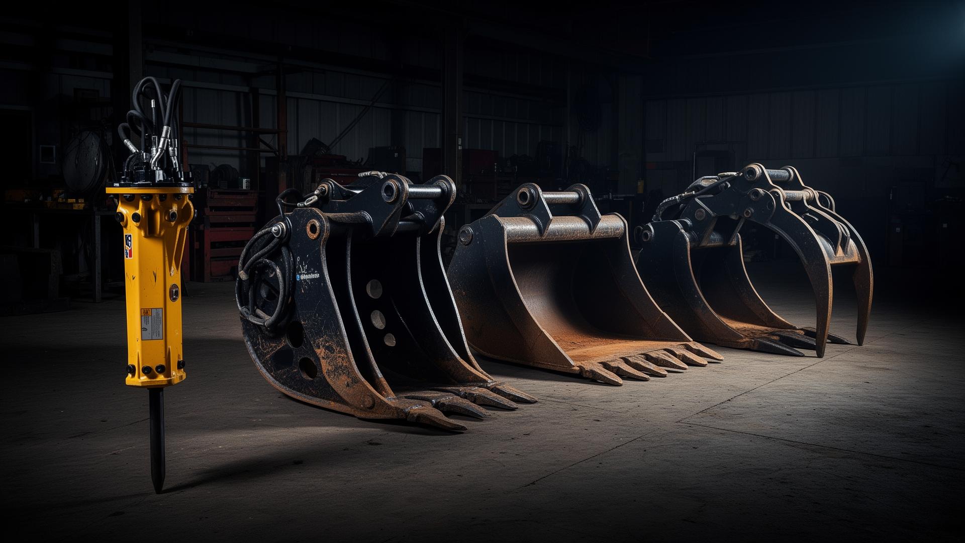 Heavy equipment attachments — hydraulic breaker, buckets, grapple